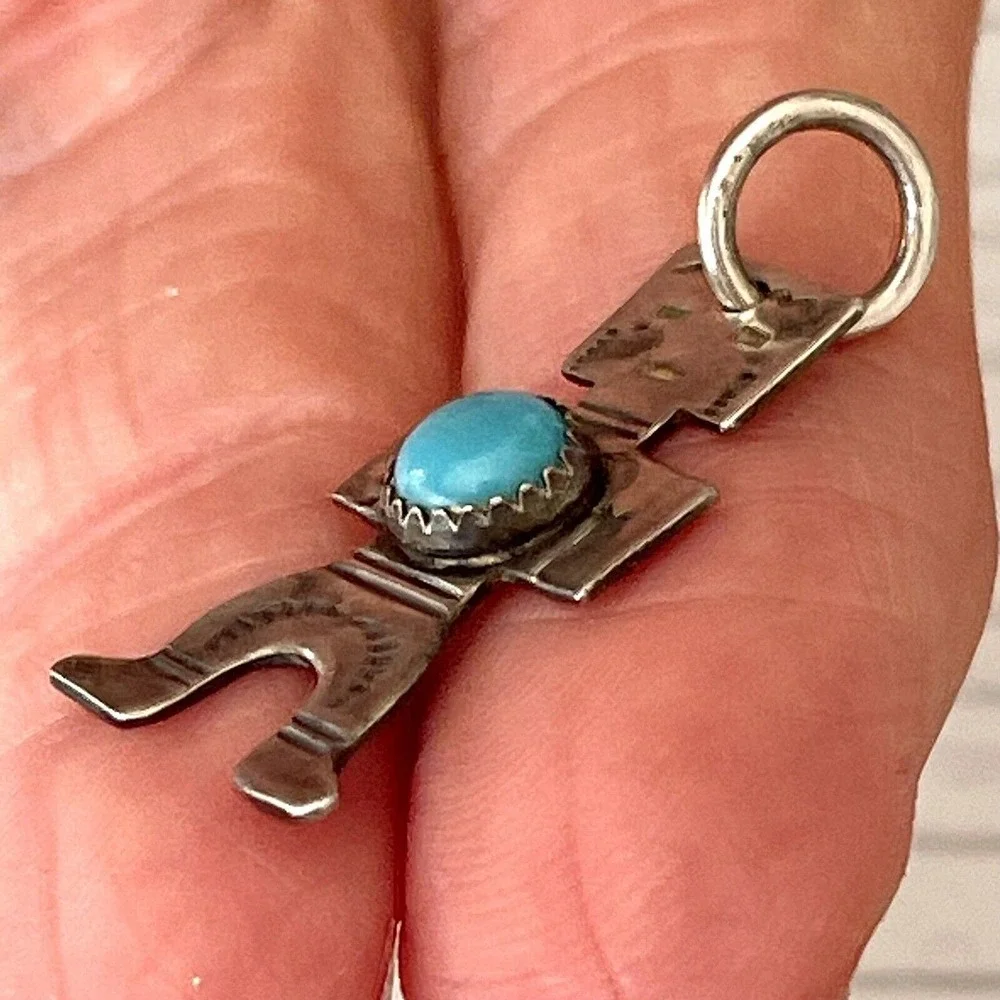 Tiny Navajo Dancer Turquoise Pendant Harvey Era Sterling Charm Native‎ VTG